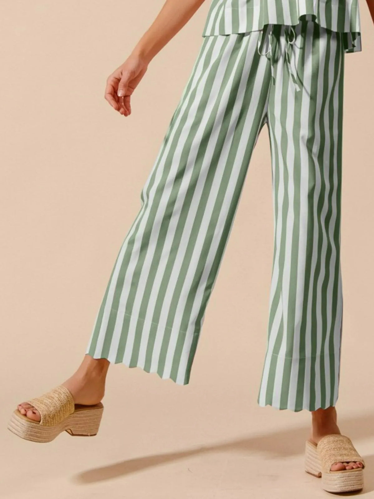 Tie Stripe Puff Sleeves Top and Wide Leg Pants Set