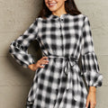 Plaid Tie Waist Lantern Sleeve Mini Dress