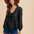 Annie Wear Tie Front Peplum Long Sleeve Denim Top