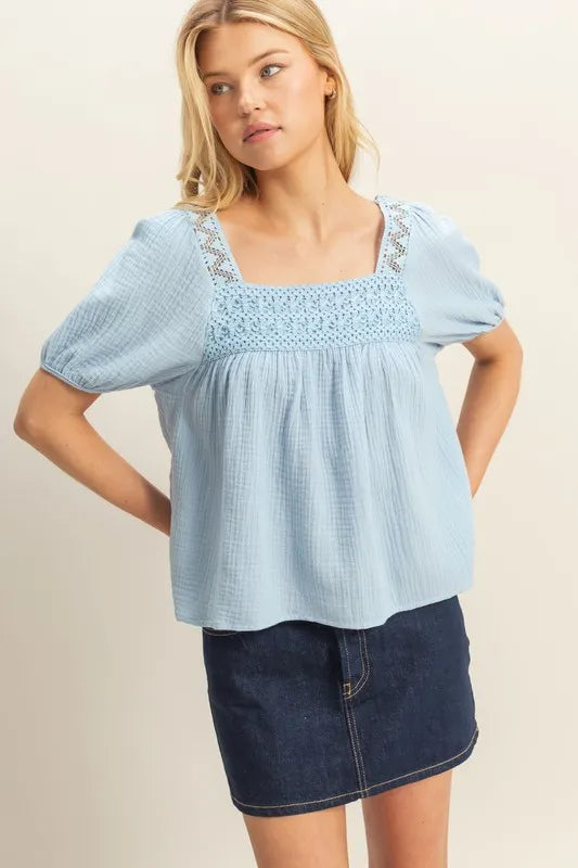 Pin Puff Sleeve Peasant Top