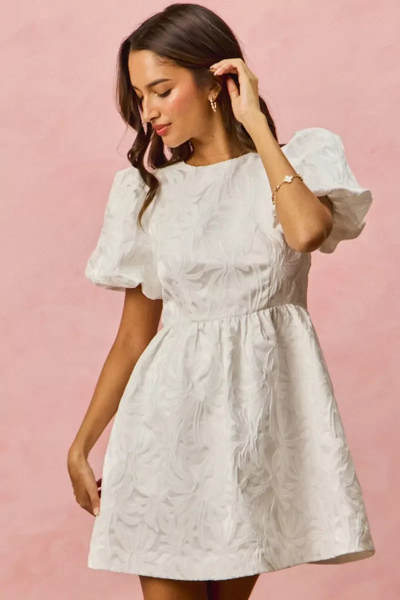SO ME Floral Jacquard Bubble Shorts Sleeves Mini Dress