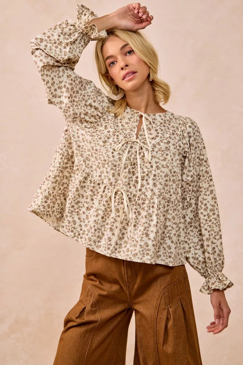 BiBi Floral Printed Peplum Blouse with Shirring and Tied
